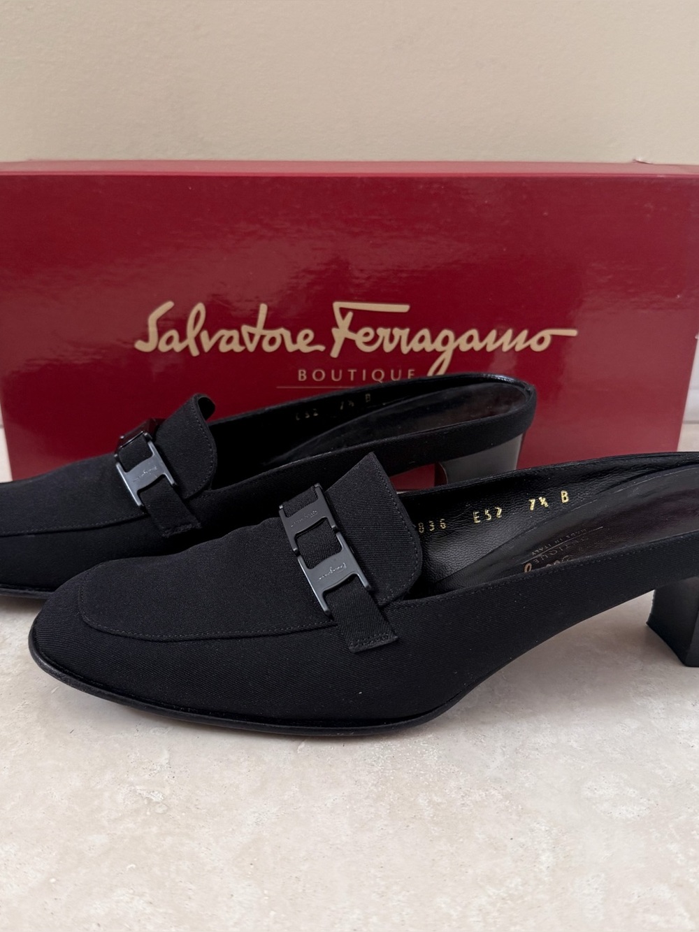 Salvatore Ferragamo Black Fabric Logo Buckle Square Toe Block Heel Mules 7.5 B